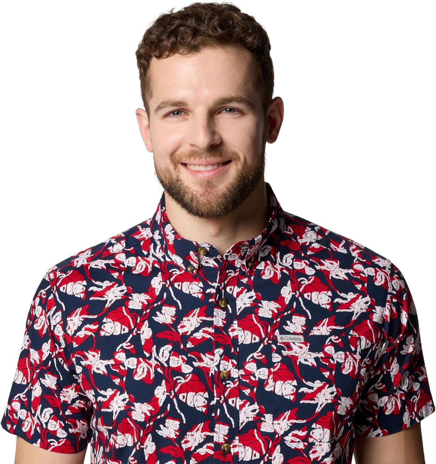 imageColumbia Mens Rapid Rivers Printed Short Sleeve Shirt Comfort StretchCollegiate Navy Vined
