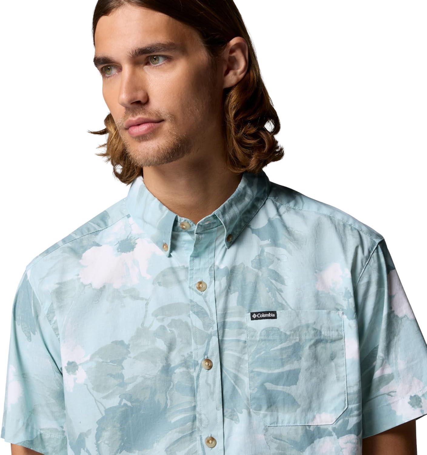 imageColumbia Mens Rapid Rivers Printed Short Sleeve Shirt Comfort StretchCrushed BlueFlowerblur