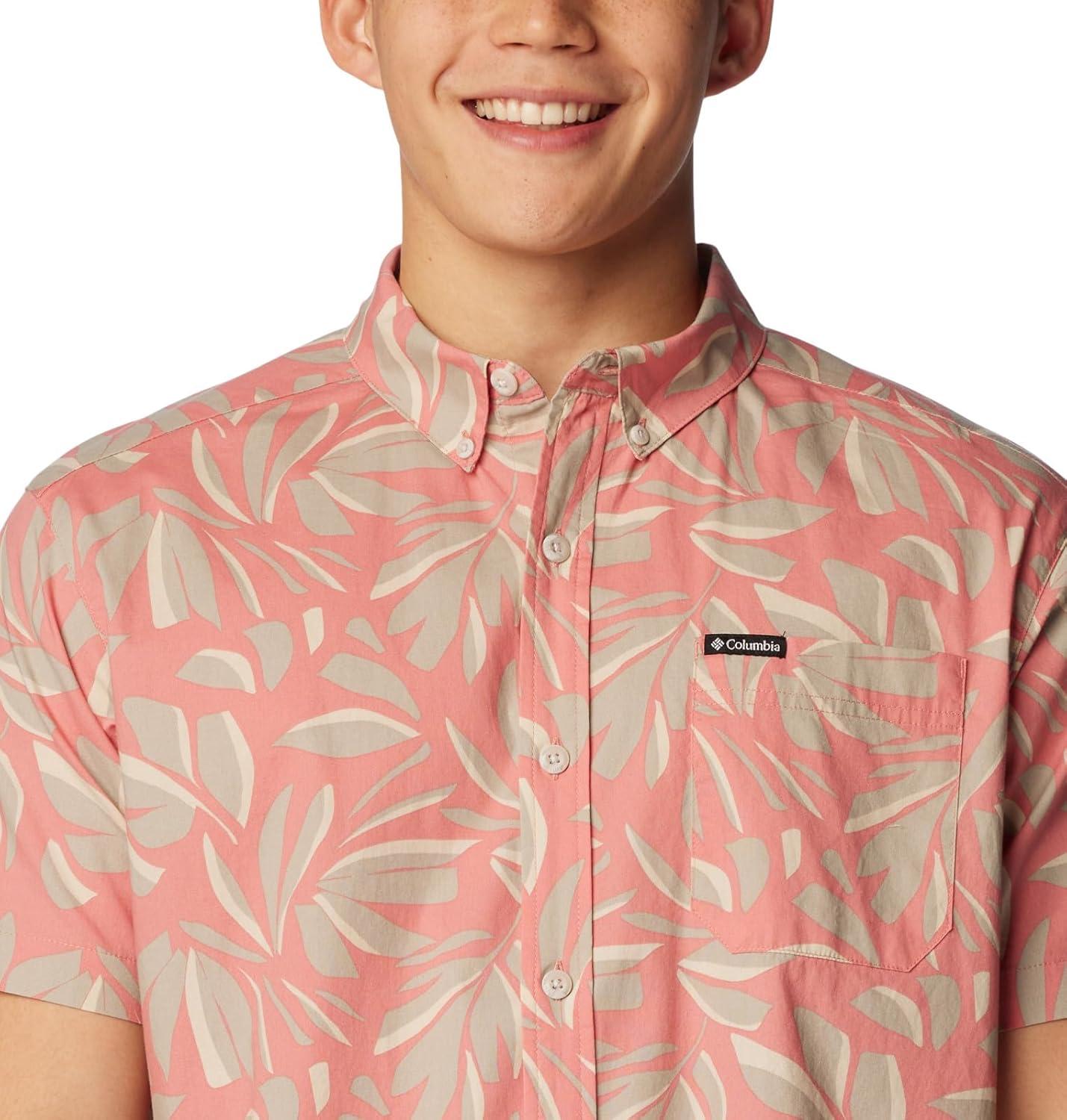 imageColumbia Mens Rapid Rivers Printed Short Sleeve Shirt Comfort StretchPink Agave Areca