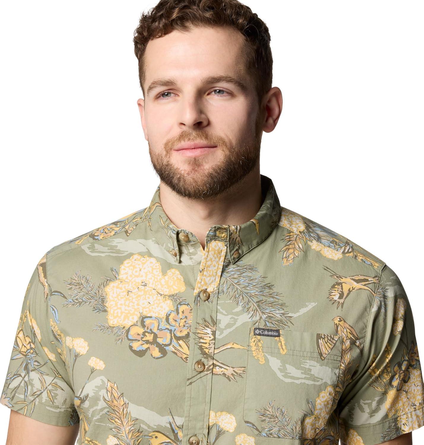 imageColumbia Mens Rapid Rivers Printed Short Sleeve Shirt Comfort StretchStone Green Outbacked