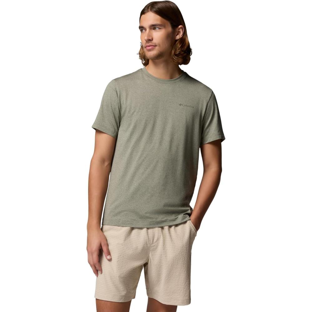 imageColumbia Mens Parsons Point Short Sleeve Back Graphic TeeStone Green HeatherAthletic Gem Badge