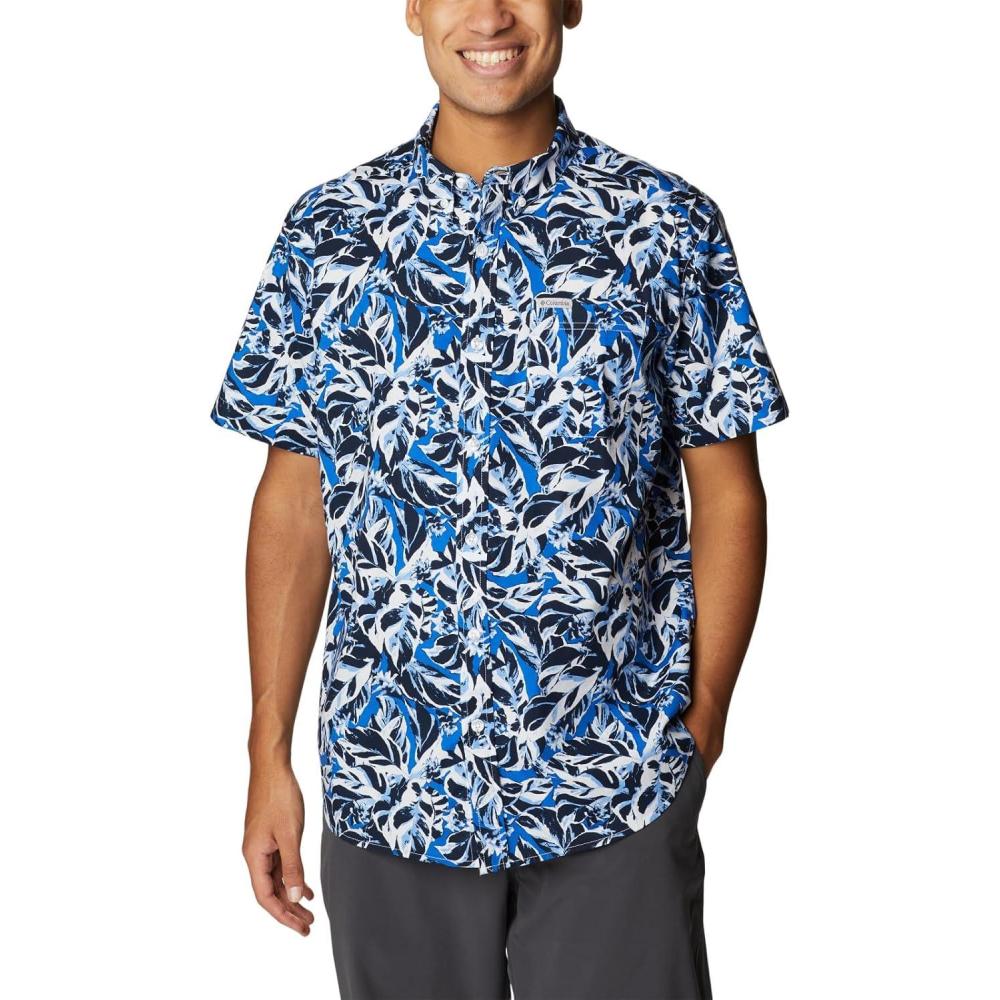 imageColumbia Mens Rapid Rivers Printed Short Sleeve Shirt Comfort StretchBright Indigo Leaf Camo