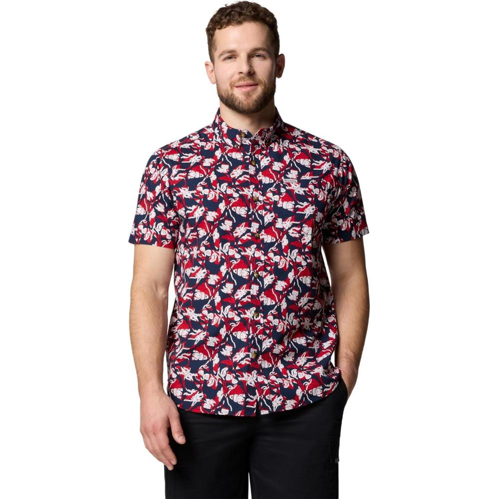 imageColumbia Mens Rapid Rivers Printed Short Sleeve Shirt Comfort StretchCollegiate Navy Vined