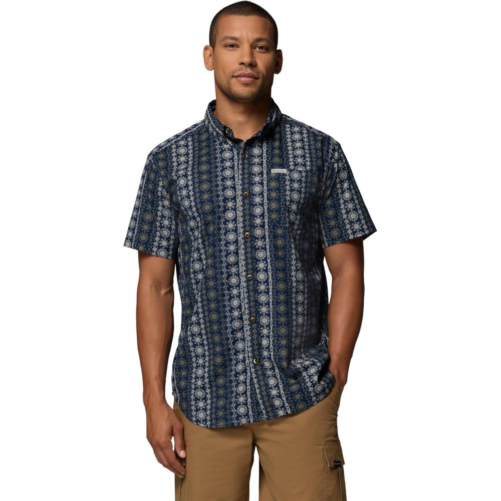 imageColumbia Mens Rapid Rivers Printed Short Sleeve Shirt Comfort StretchCollegiate NavyWildflower