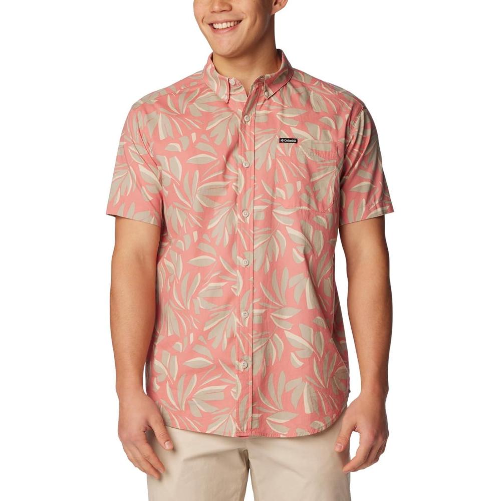 imageColumbia Mens Rapid Rivers Printed Short Sleeve Shirt Comfort StretchPink Agave Areca