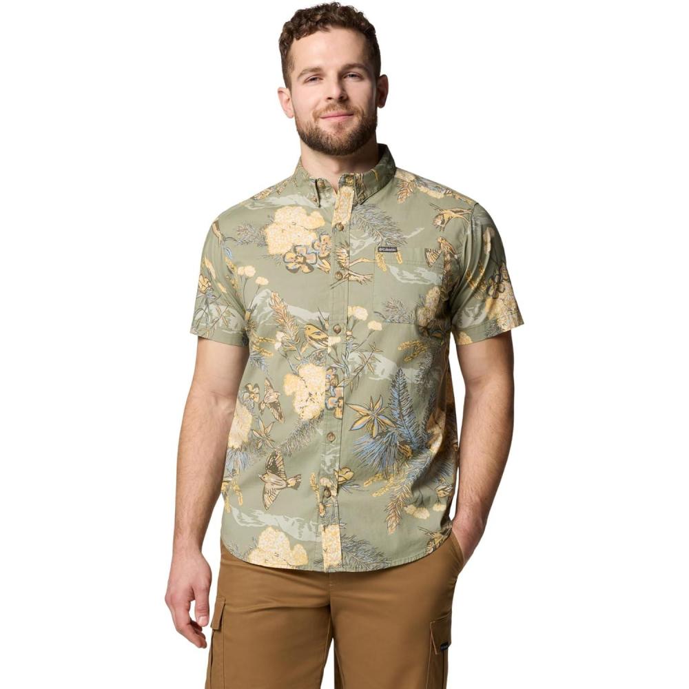 imageColumbia Mens Rapid Rivers Printed Short Sleeve Shirt Comfort StretchStone Green Outbacked