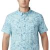 Columbia Men’s Rapid Rivers Printed Short Sleeve Shirt, Comfort Stretch(Sky Blue Camp Supplies Print)