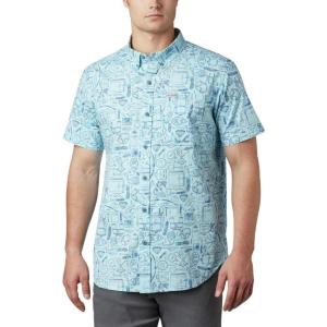 Columbia Men’s Rapid Rivers Printed Short Sleeve Shirt, Comfort Stretch(Sky Blue Camp Supplies Print)