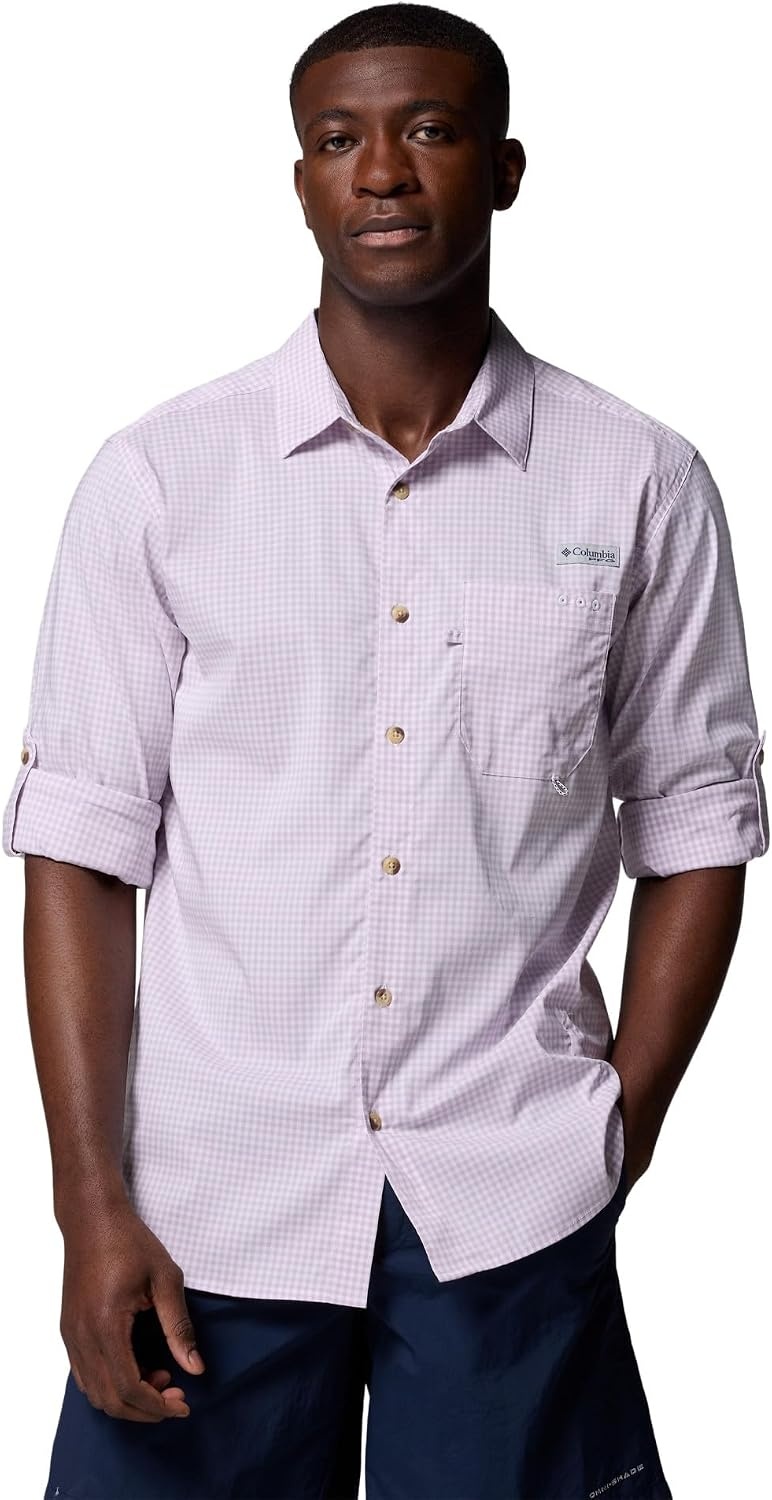 image:imageColumbia Mens PFG Harbor Peak Long Sleeve ShirtLavender Pearl Micro Gingham