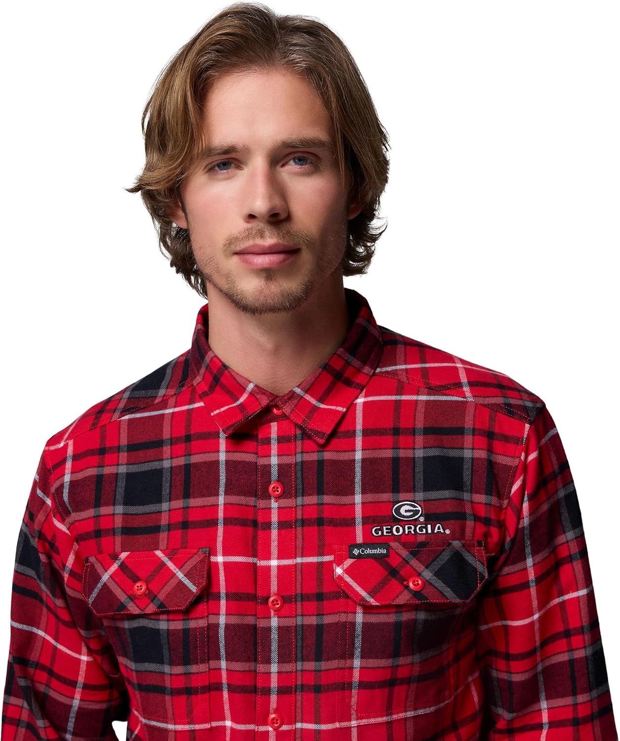 image:imageColumbia Mens Collegiate Flare Gun Flannel Long Sleeve ShirtUga Bright Red Tartan