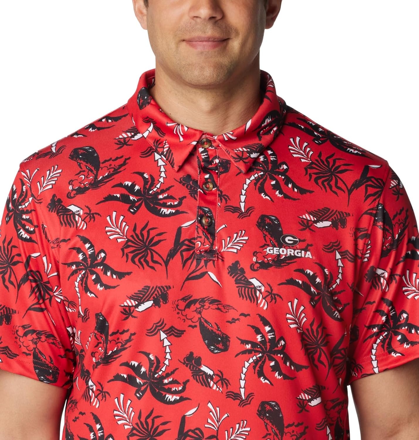 image:imageColumbia Mens Collegiate Super Terminal Tackle PoloUga Bright Red Dorado Isle Print