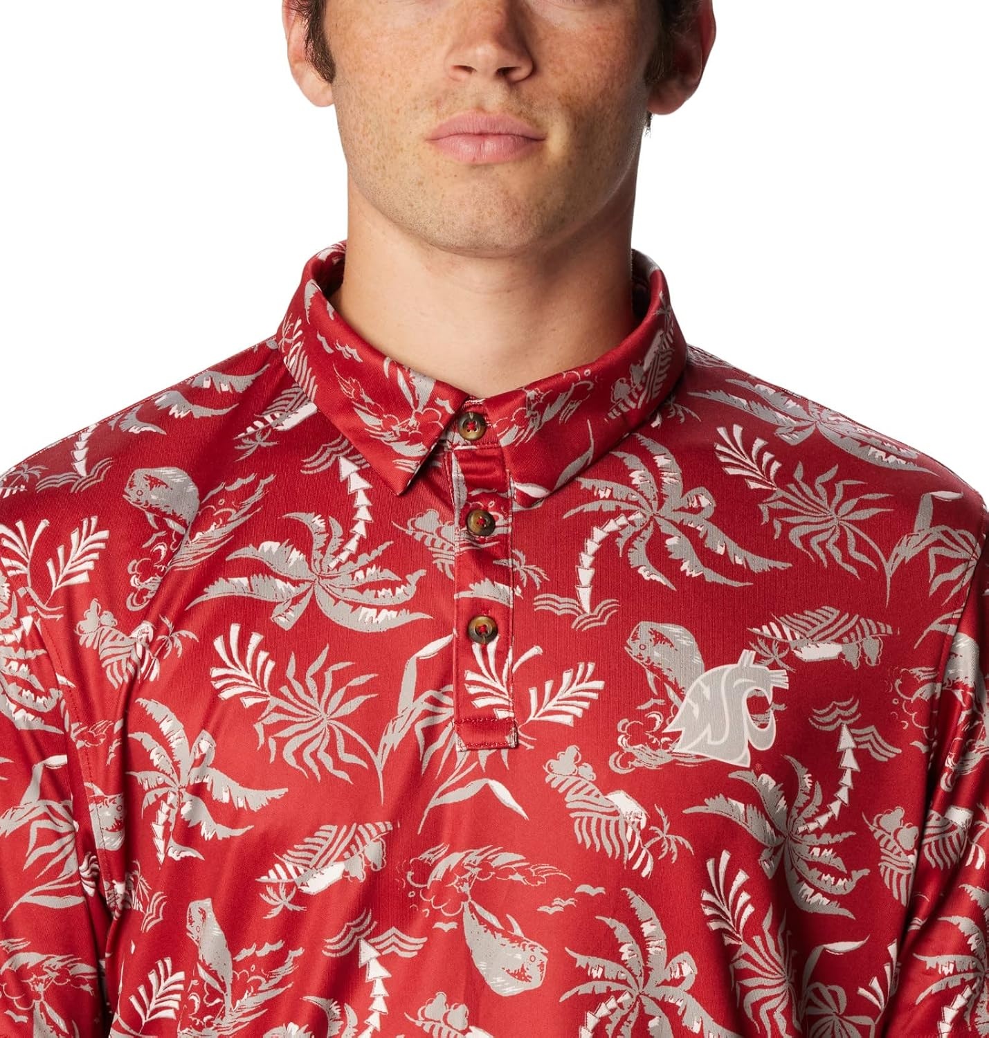 image:imageColumbia Mens Collegiate Super Terminal Tackle PoloWaz Red Velvet Dorado Isle Print