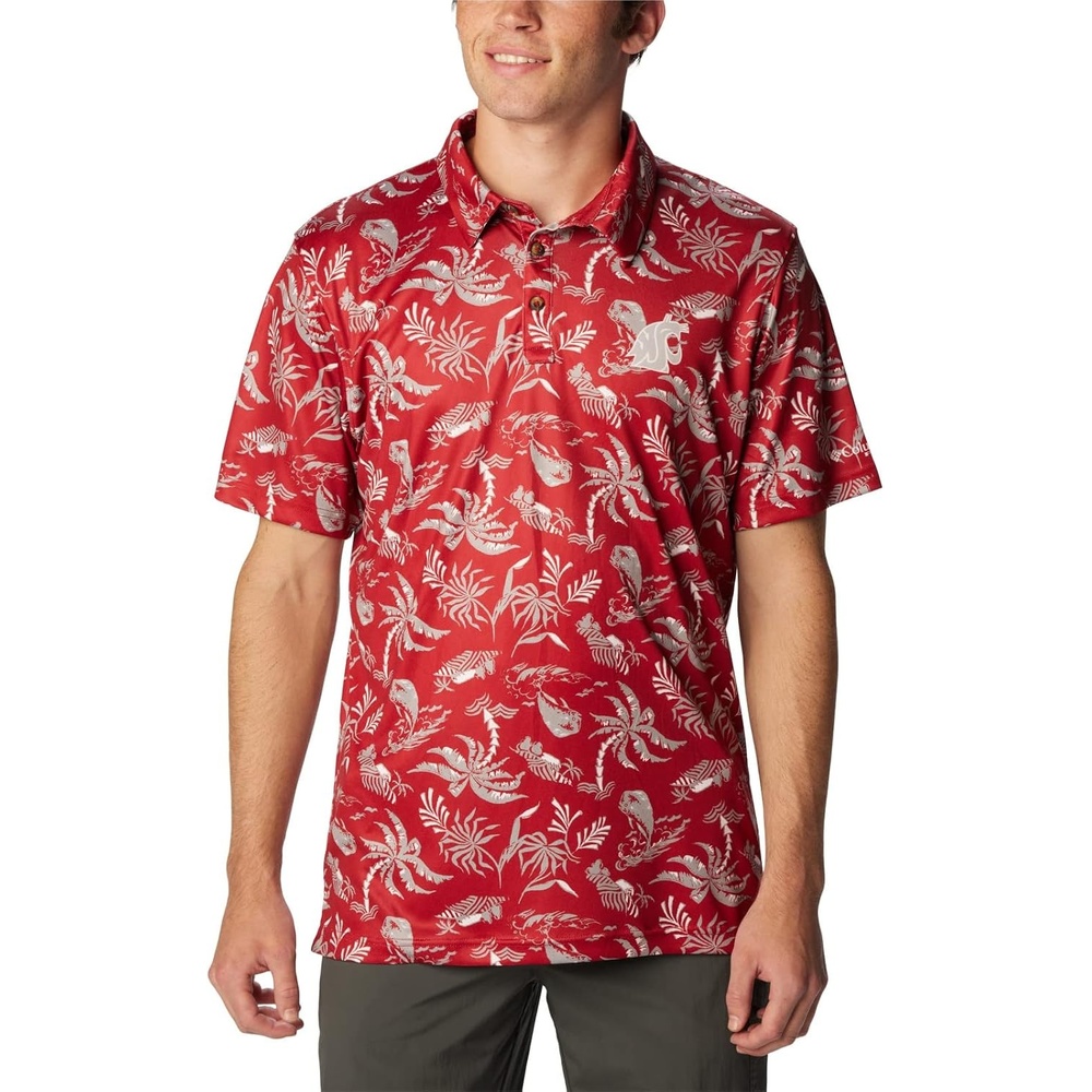 image:imageColumbia Mens Collegiate Super Terminal Tackle PoloWaz Red Velvet Dorado Isle Print