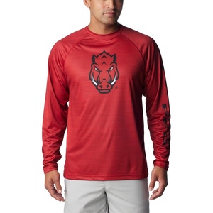Columbia Men’s Collegiate Terminal Tackle Heather Long Sleeve Shirt(Ark – Red Velvet Heather)