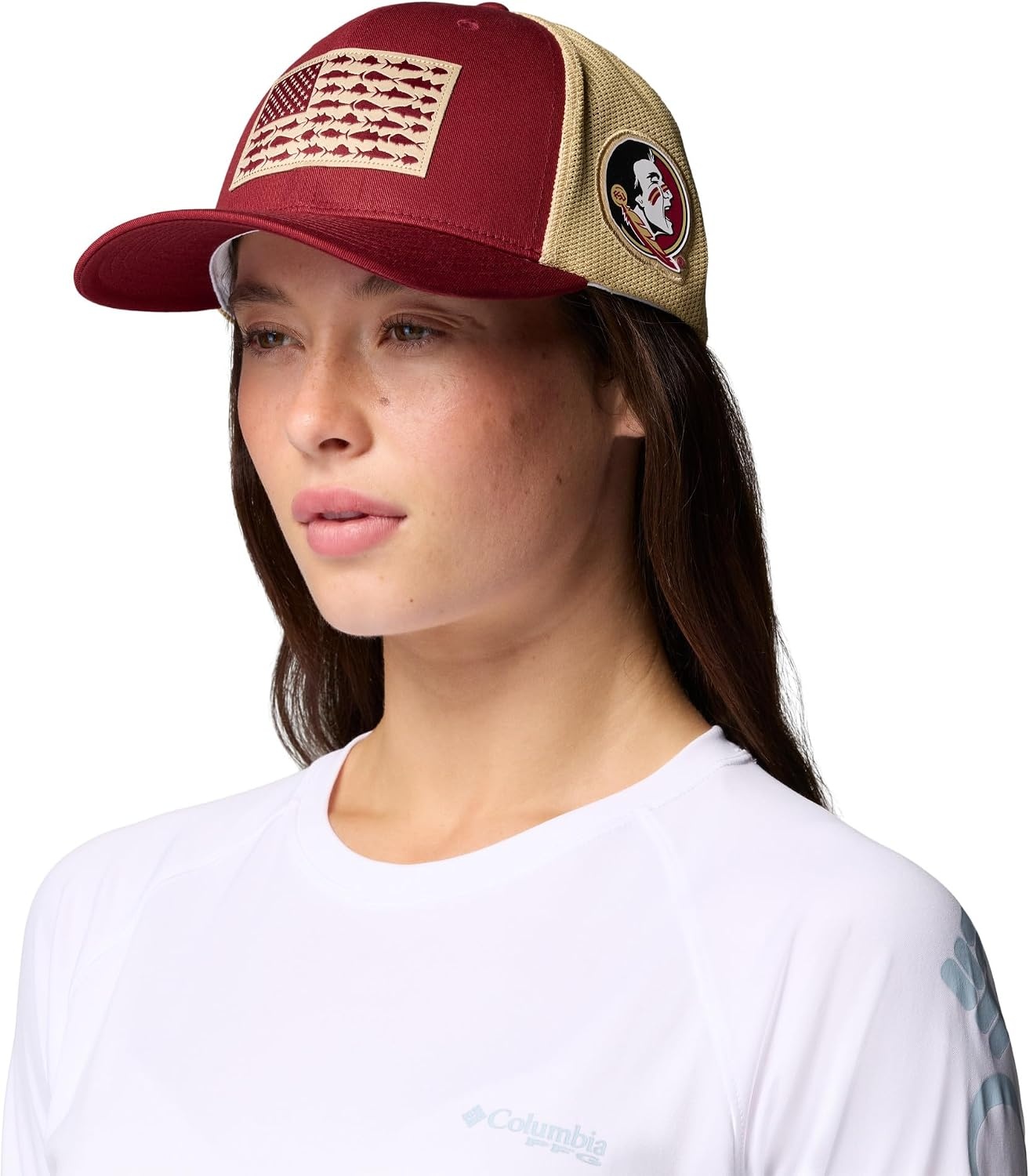image:imageColumbia Unisex Collegiate PFG Mesh Fish Flag Ball CapFsu CabernetSierra Tan