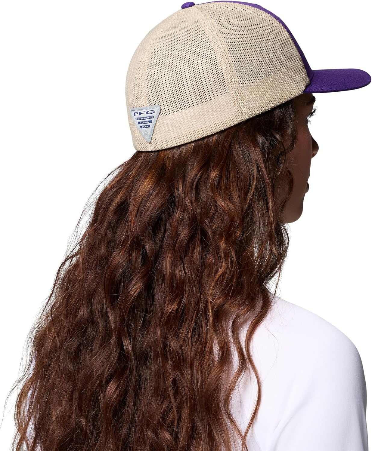 image:imageColumbia Unisex Collegiate PFG Mesh Fish Flag Ball CapLsu Vivid PurpleAncient Fossil