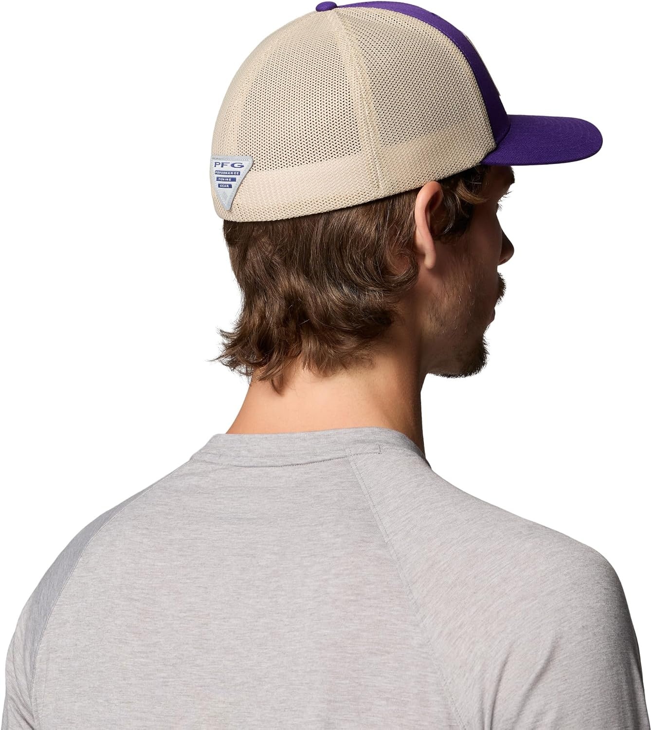 image:imageColumbia Unisex Collegiate PFG Mesh Fish Flag Ball CapLsu Vivid PurpleAncient Fossil