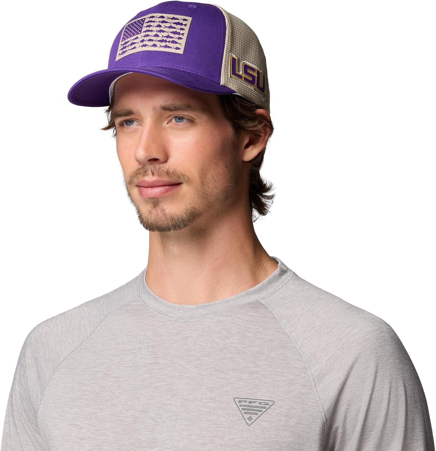 image:imageColumbia Unisex Collegiate PFG Mesh Fish Flag Ball CapLsu Vivid PurpleAncient Fossil