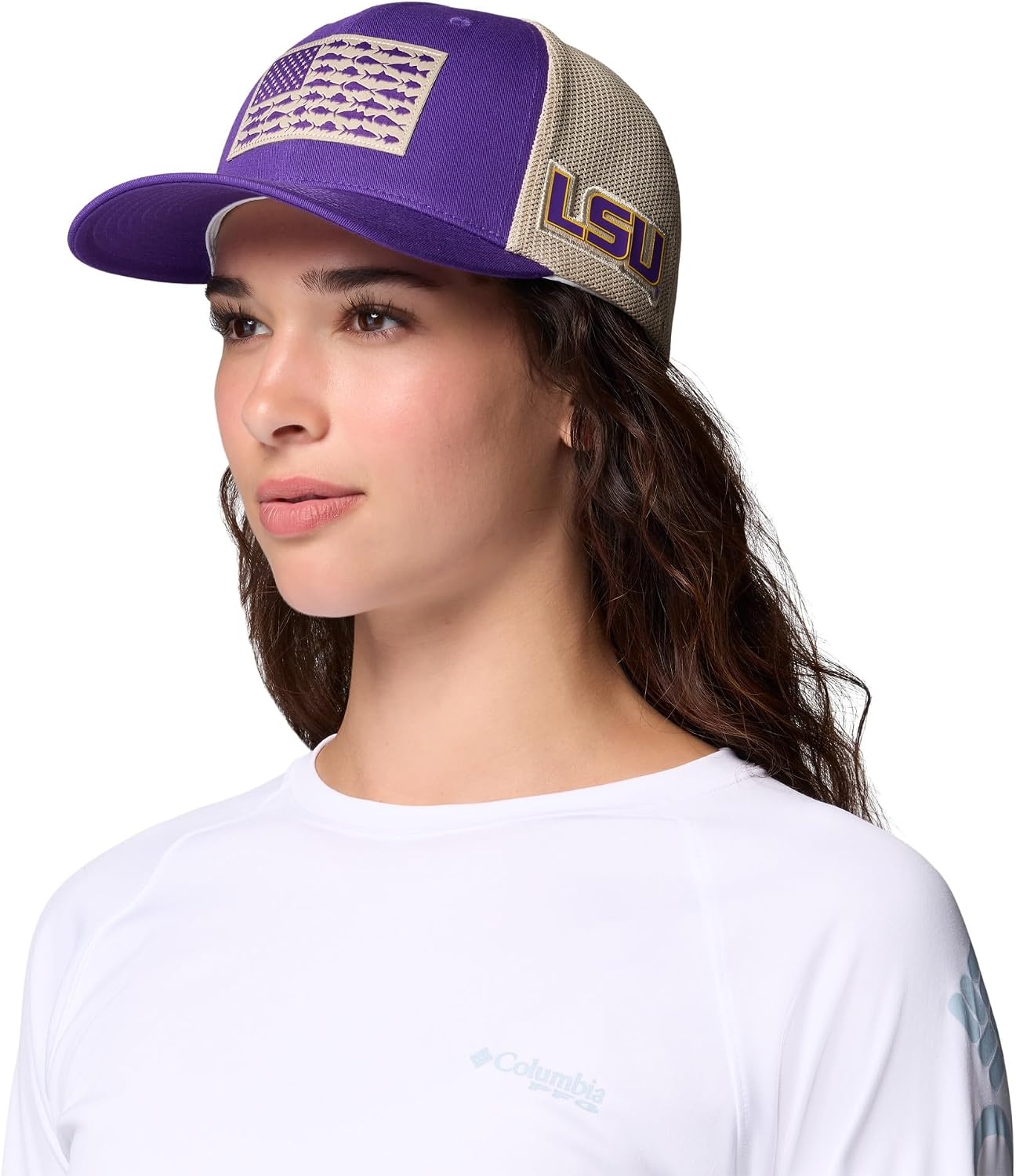 image:imageColumbia Unisex Collegiate PFG Mesh Fish Flag Ball CapLsu Vivid PurpleAncient Fossil
