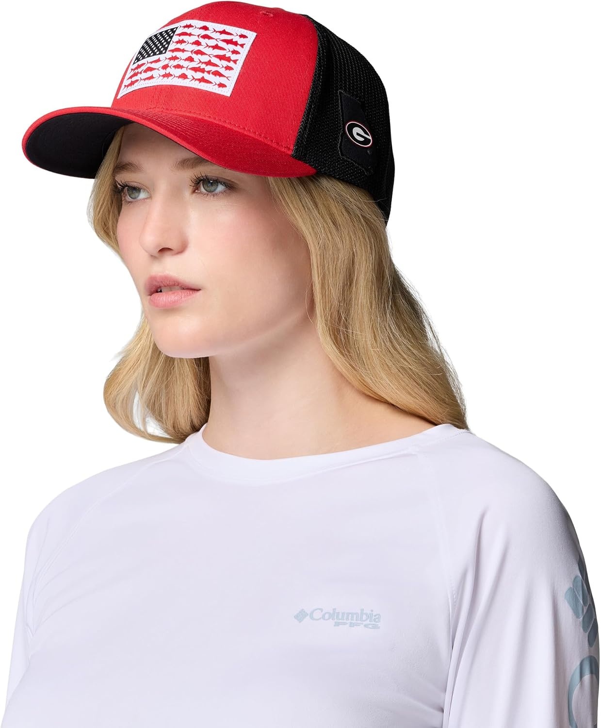 image:imageColumbia Unisex Collegiate PFG Mesh Fish Flag Ball CapUga Bright RedBlack
