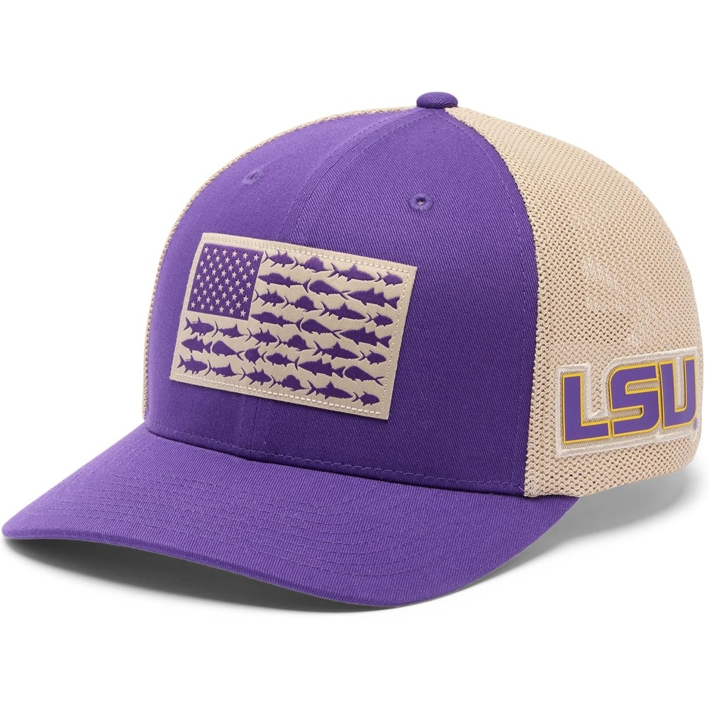 image:imageColumbia Unisex Collegiate PFG Mesh Fish Flag Ball CapLsu Vivid PurpleAncient Fossil